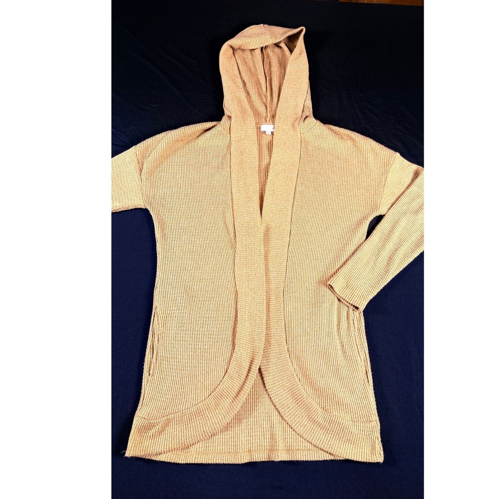 SO Womens Tan Waffle Knit Hooded Open Front Cardigan Sweater Pockets Small